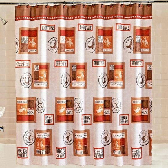 Rodeo Time Shower Curtain Cowboy Riding Boots Horse Country Stars Brown Western - Picture 1 of 3